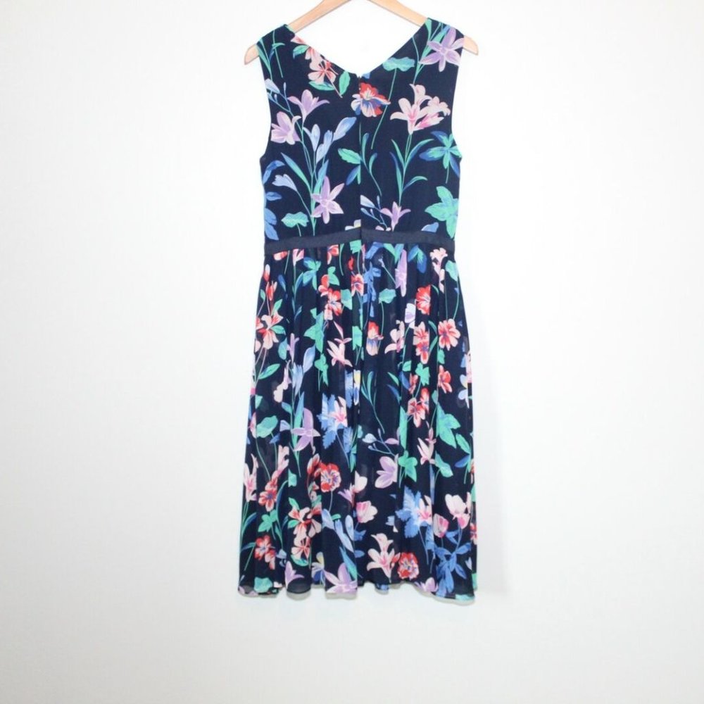 Talbots Floral V-Neck Chiffon Pleated Dress Ribbon Navy Women's Size 8 H12694 - Picture 6 of 11